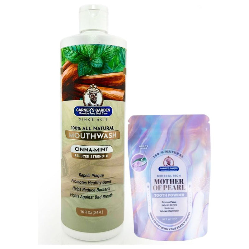 Garner's Garden Natural Mouthwash and Tooth Powder | H2O2 | Antibacterial Fluoride-Free Mouthwash White Smoke 16 oz Reduced Cinnamint Mouthwash / 2oz Mother of Pearl Tooth Powder