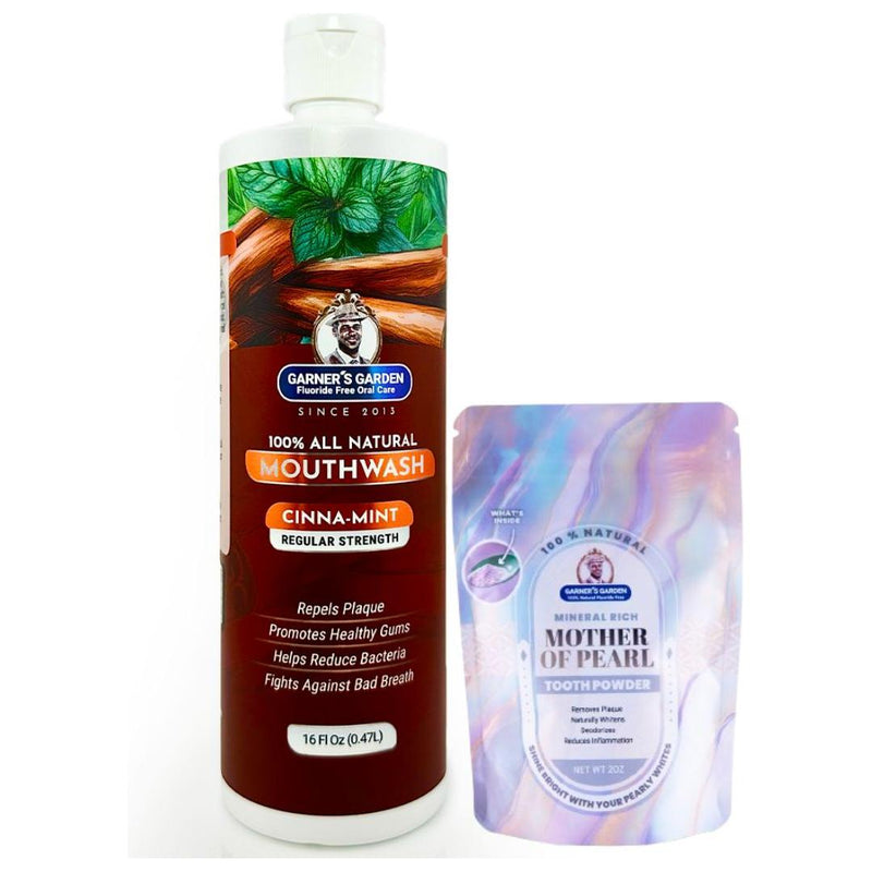 Garner's Garden Natural Mouthwash and Tooth Powder | H2O2 | Antibacterial Fluoride-Free Mouthwash White Smoke 16 oz Regular Cinnamint Mouthwash / 2oz Mother of Pearl Tooth Powder
