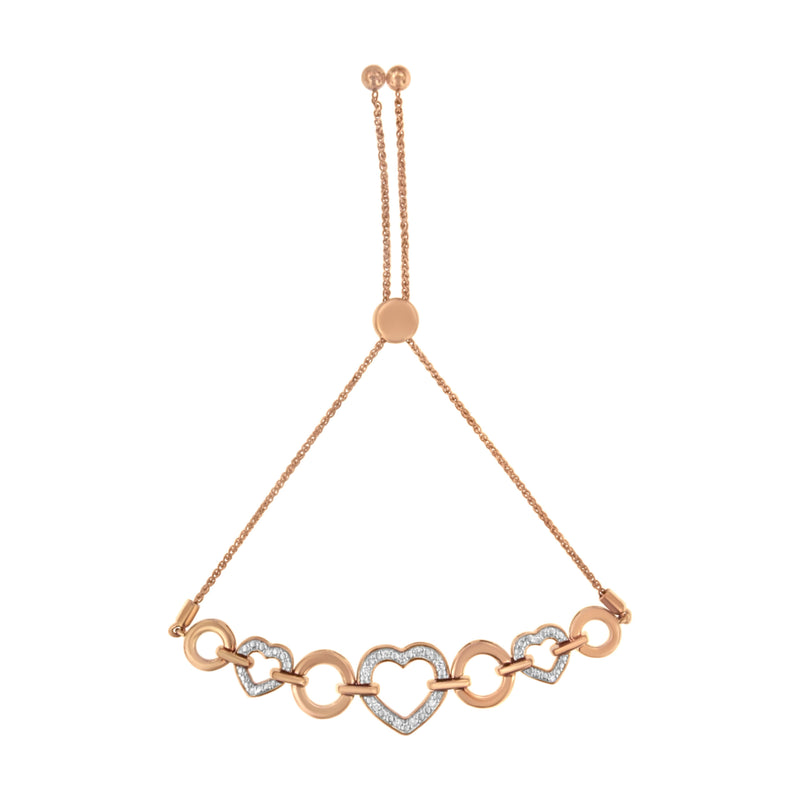 Bids.com 10K Rose Gold over .925 Sterling Silver 1/10 Cttw Round-Cut Diamond Heart Link Adjustable Bolo Bracelet (H-I Color, I2-I3 Clarity) - 6"-9" Adjustable Bracelets White Smoke Rose.Sterling Silver / 7