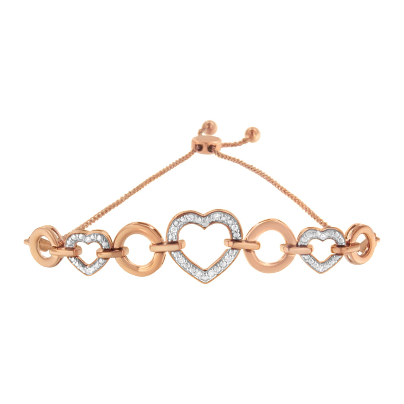 Bids.com 10K Rose Gold over .925 Sterling Silver 1/10 Cttw Round-Cut Diamond Heart Link Adjustable Bolo Bracelet (H-I Color, I2-I3 Clarity) - 6"-9" Adjustable Bracelets White Smoke Rose.Sterling Silver / 7