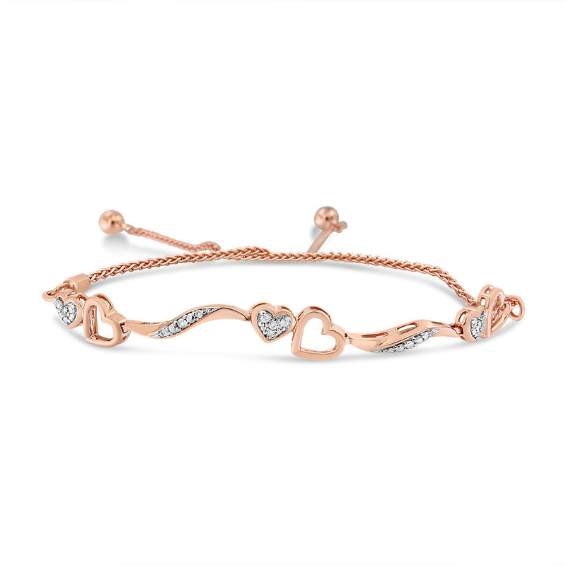 Bids.com 14K Rose Gold Plated .925 Sterling Silver 1/10 Cttw Diamond Wave and Hearts 4â€-10â€ Adjustable Bolo Bracelet (I-J Color, I3 Clarity) Bracelets White Smoke Rose.Sterling Silver / 7