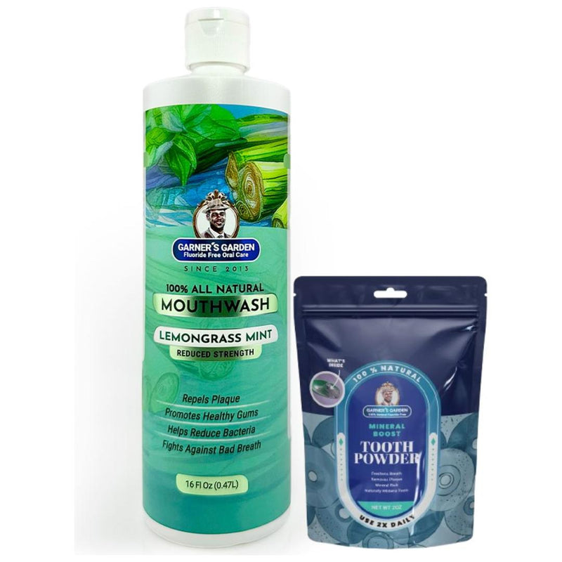 Garner's Garden Natural Mouthwash and Tooth Powder | H2O2 | Antibacterial Fluoride-Free Mouthwash White Smoke 16 oz Reduced Lemongrassmint Mouthwash / 2 oz Regular Tooth Powder