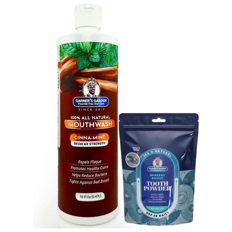 Garner's Garden Natural Mouthwash and Tooth Powder | H2O2 | Antibacterial Fluoride-Free Mouthwash White Smoke 16 oz Regular Cinnamint Mouthwash / 2 oz Regular Tooth Powder