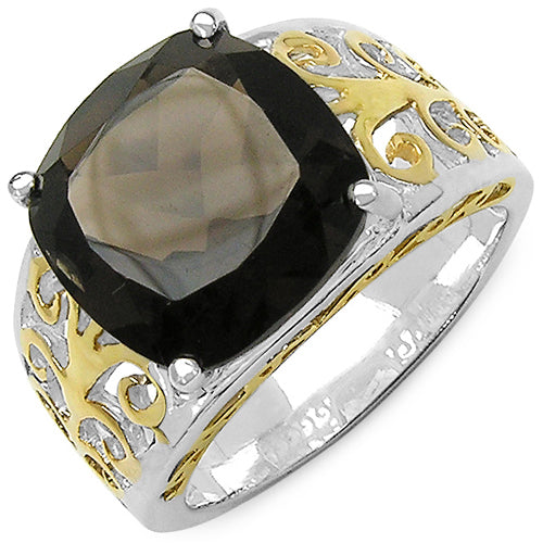Bids.com Two Tone Plated 7.09 Carat Genuine Smoky Quartz .925 Sterling Silver Ring Rings White Smoke size 6.00,size 7.00,size 8.00,size 9.00