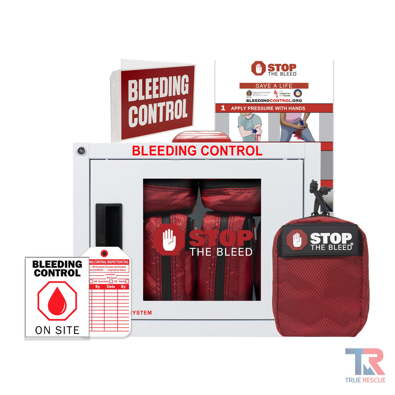 True Rescue STB Package - California AB 2260 Compliant (6 Kits) Bleeding Control Bundles Brown Standard (C-A-T Gen 7 Tourniquet) / Small Alarmed & Strobed Cabinet & Wall Sign,Standard (SAM XT Tourniquet) / Small Alarmed & Strobed Cabinet & Wall Sign,Intermediate (C-A-T Gen 7  Tourniquet) / Small Alarmed & Strobed Cabinet & Wall Sign,Intermediate (S