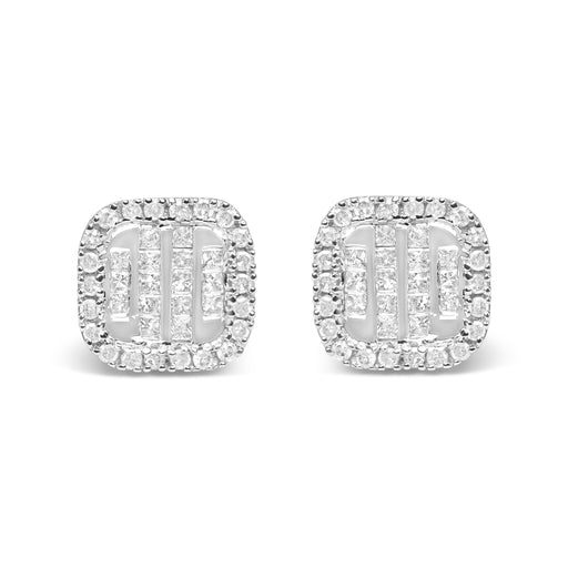 Bids.com 10K White Gold 7/8 Cttw Diamond Princess Composite and Halo Stud Earrings (I-J Color, I1-I2 Clarity) Earrings Gray White.Gold / 0.87