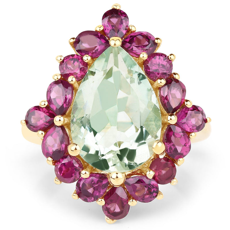 Bids.com 14K Yellow Gold Plated 7.21 Carat Genuine Green Amethyst and Rhodolite .925 Sterling Silver Ring Rings White Smoke size 6.00,size 7.00,size 8.00,size 5.00,size 9.00