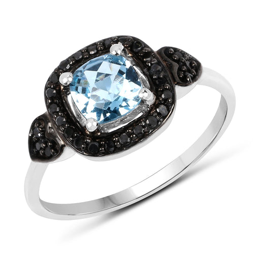 Bids.com 1.19 Carat Genuine Swiss Blue Topaz & Black Diamond .925 Sterling Silver Ring Rings White Smoke size 7.00,size 8.00,size 7.50,size 6.00,size 9.00,size 5.00,size 10.00