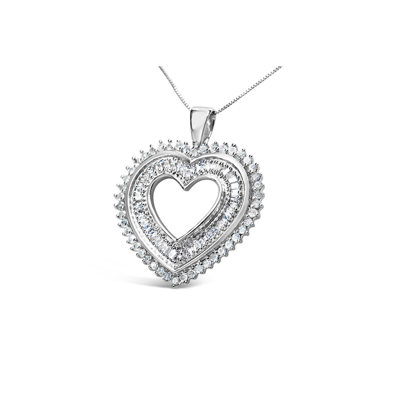 Bids.com .925 Sterling Silver 1.0 Cttw Baguette and Round Diamond  Heart Pendant 18" Necklace (H-I Color, I3 Clarity) Necklaces White Smoke White.Sterling Silver / 18