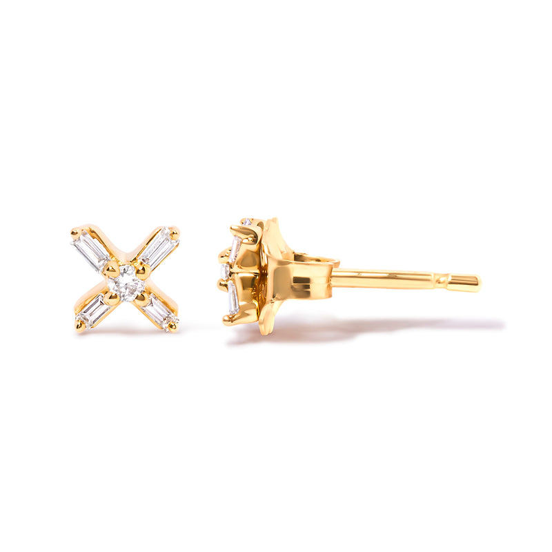 Bids.com 10K Yellow Gold 1/10 Cttw Round and Baguette Diamond Criss Cross X Stud Earring (H-I Color, I1-I2 Clarity) Earrings White Smoke Yellow.Gold / 0.096