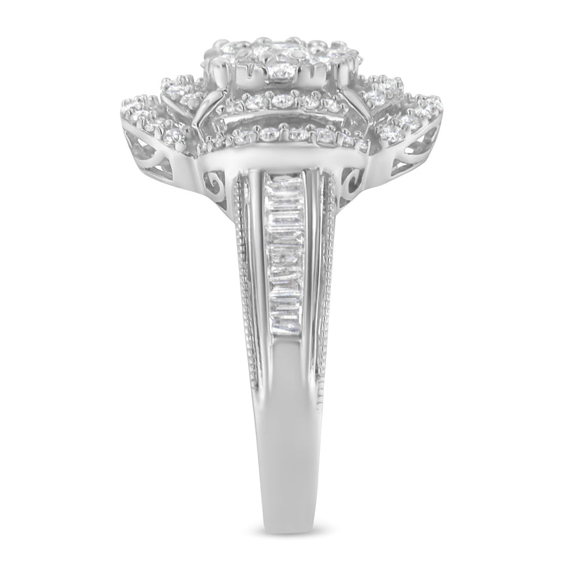 Bids.com 14K White Gold 1.0 Cttw Round & Baguette Cut Diamond Floral Cluster Quatrefoil Channel Set Band Cocktail Statement Ring (H-I Color, SI2-I1 Clarity) - Size 6-3/4 Rings White Smoke 7 / White.Gold,7.25 / White.Gold,6.75 / White.Gold