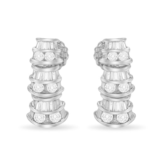Bids.com 14K White Gold 7/8 cttw Baguette & Round Brilliant-Cut Diamond Dangle Multi Row Earrings (H-I Color, SI2-I1 Clarity) Earrings White Smoke White.Gold / 0.93