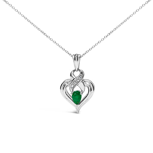Bids.com .925 Sterling Silver 6x4mm Pear Emerald and Diamond Accent Heart Pendant Necklace (H-I Color, SI1-SI2 Clarity) - 18 Inches Necklaces White Smoke White.Sterling Silver / 18
