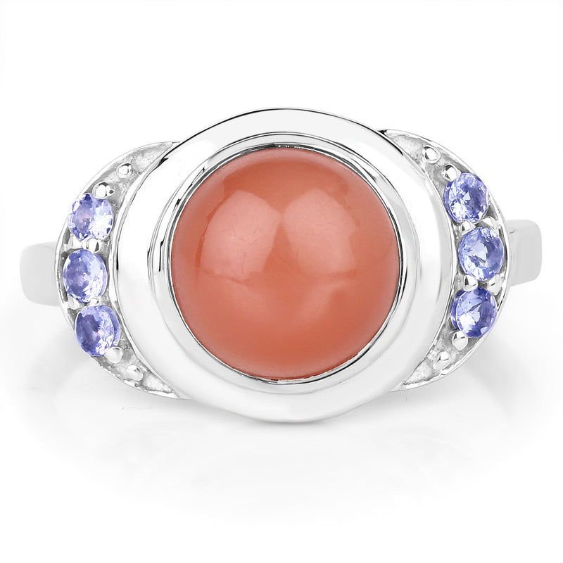Bids.com 3.01 Carat Genuine Peach Moonstone and Tanzanite .925 Sterling Silver Ring Rings White Smoke size 7.00,size 9.00,size 6.00,size 8.00