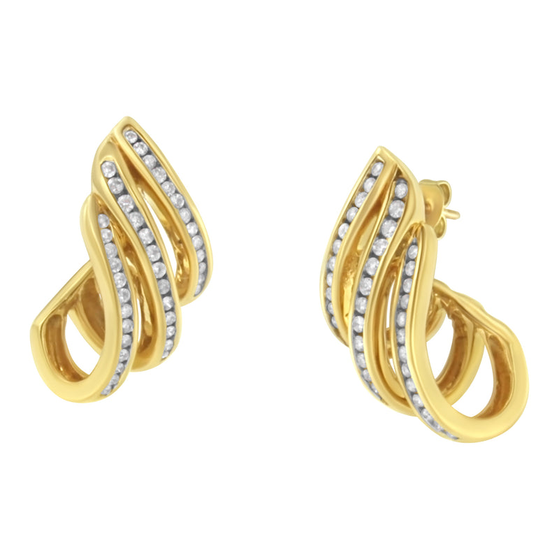 Bids.com 10K Yellow Gold 1.0 Cttw Round Brilliant Cut Diamond Spiral Multi Row Channel Set Open Hoop Pushback Stud Earrings (H-I Color, I1-I2 Clarity) Earrings White Smoke Yellow.Gold / 1