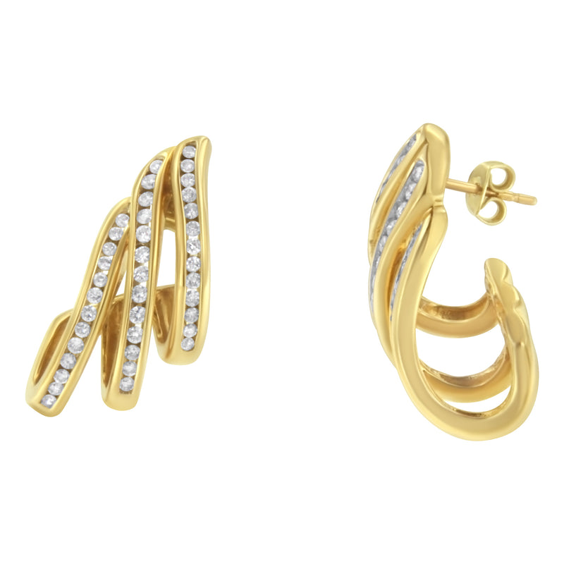 Bids.com 10K Yellow Gold 1.0 Cttw Round Brilliant Cut Diamond Spiral Multi Row Channel Set Open Hoop Pushback Stud Earrings (H-I Color, I1-I2 Clarity) Earrings White Smoke Yellow.Gold / 1