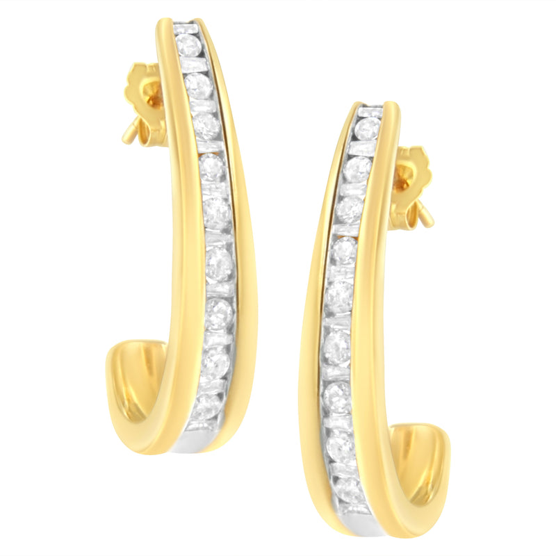 Bids.com 10K Yellow Gold 1 cttw Channel Set Diamond J-Hoop Earrings (H-I Clarity, I1-I2 Color) Earrings White Smoke Yellow.Gold / 1