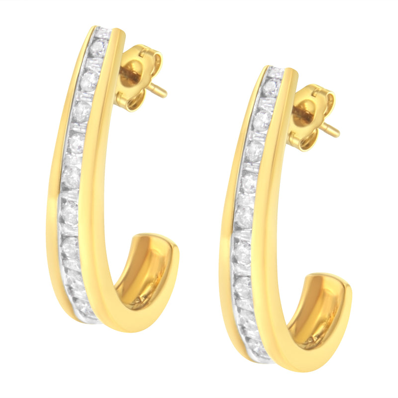 Bids.com 10K Yellow Gold 1 cttw Channel Set Diamond J-Hoop Earrings (H-I Clarity, I1-I2 Color) Earrings White Smoke Yellow.Gold / 1