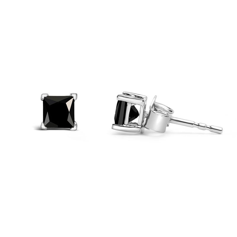Bids.com 14K White Gold 1/2 Cttw Princess-Cut Treated Black Diamond Classic 4-Prong Stud Earrings with Push Backs (Fancy Color-Enhanced, I2-I3 Clarity) Earrings White Smoke White.Gold / 0.5,White.Gold / 0.75,White.Gold / 0.65