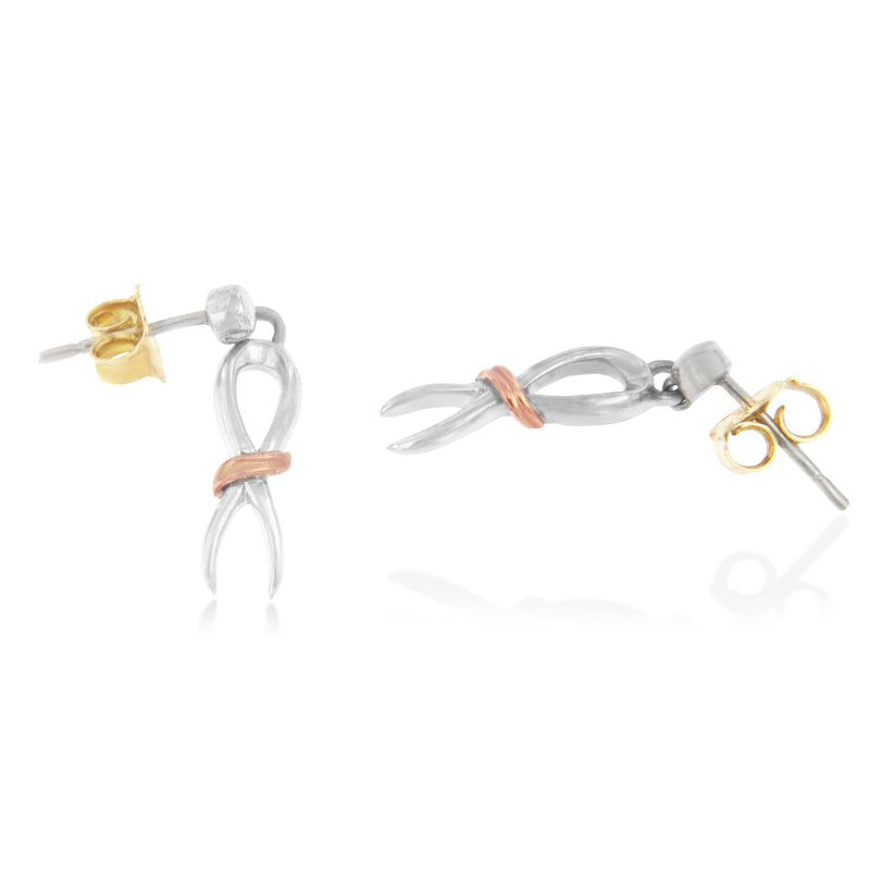 Bids.com 10K Two-Toned Gold Flash Plated .925 Sterling Silver Awareness Ribbon Dangle Earrings Earrings White Smoke YellowWhite.Sterling Silver