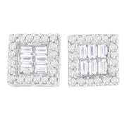 Bids.com 14K White Gold 1 cttw Round and Baguette Diamond Stud Earrings (H-I, SI1-SI2) Earrings Light Gray White.Gold / 0.99