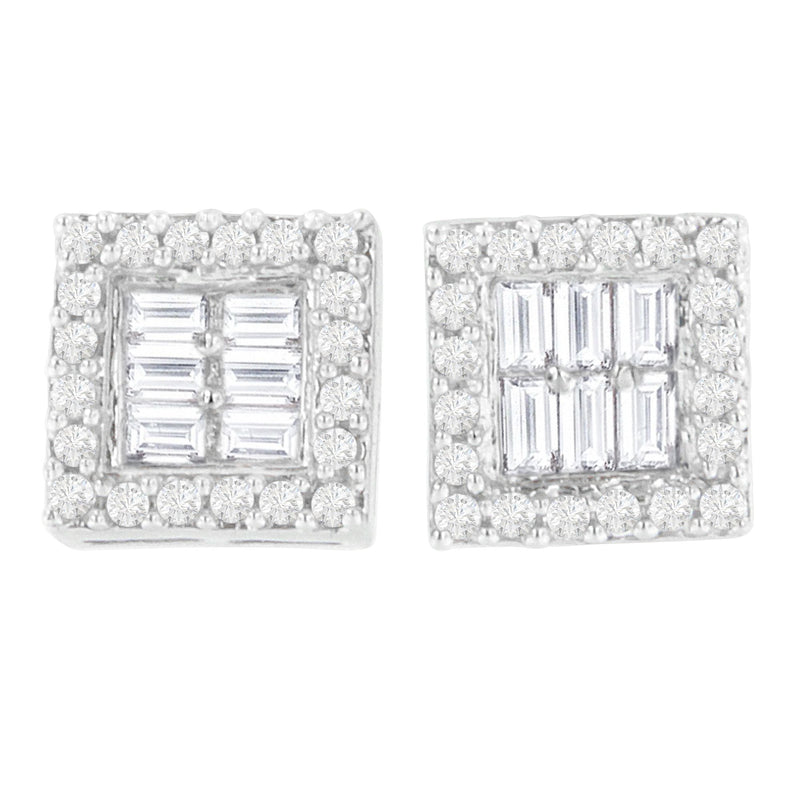 Bids.com 14K White Gold 1 cttw Round and Baguette Diamond Stud Earrings (H-I, SI1-SI2) Earrings Light Gray White.Gold / 0.99
