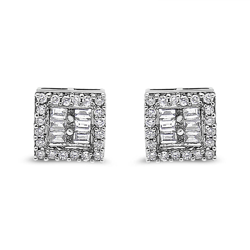 Bids.com 14K White Gold 1 cttw Round and Baguette Diamond Stud Earrings (H-I, SI1-SI2) Earrings White Smoke White.Gold / 0.99