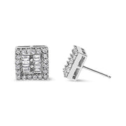 Bids.com 14K White Gold 1 cttw Round and Baguette Diamond Stud Earrings (H-I, SI1-SI2) Earrings White Smoke White.Gold / 0.99