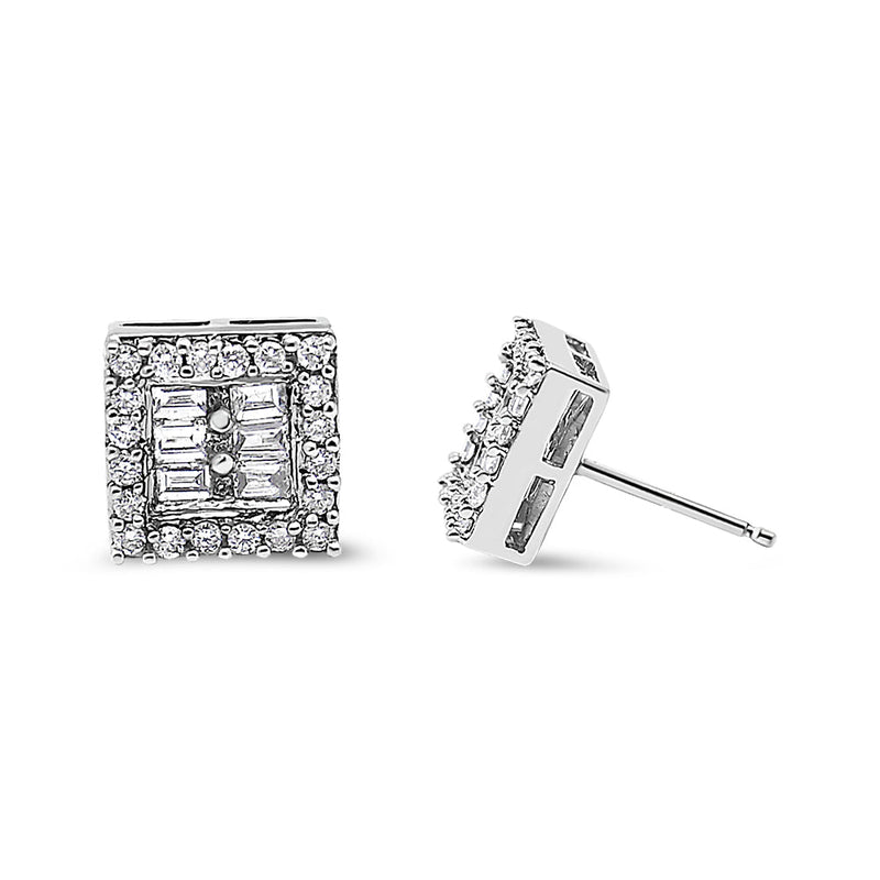 Bids.com 14K White Gold 1 cttw Round and Baguette Diamond Stud Earrings (H-I, SI1-SI2) Earrings White Smoke White.Gold / 0.99