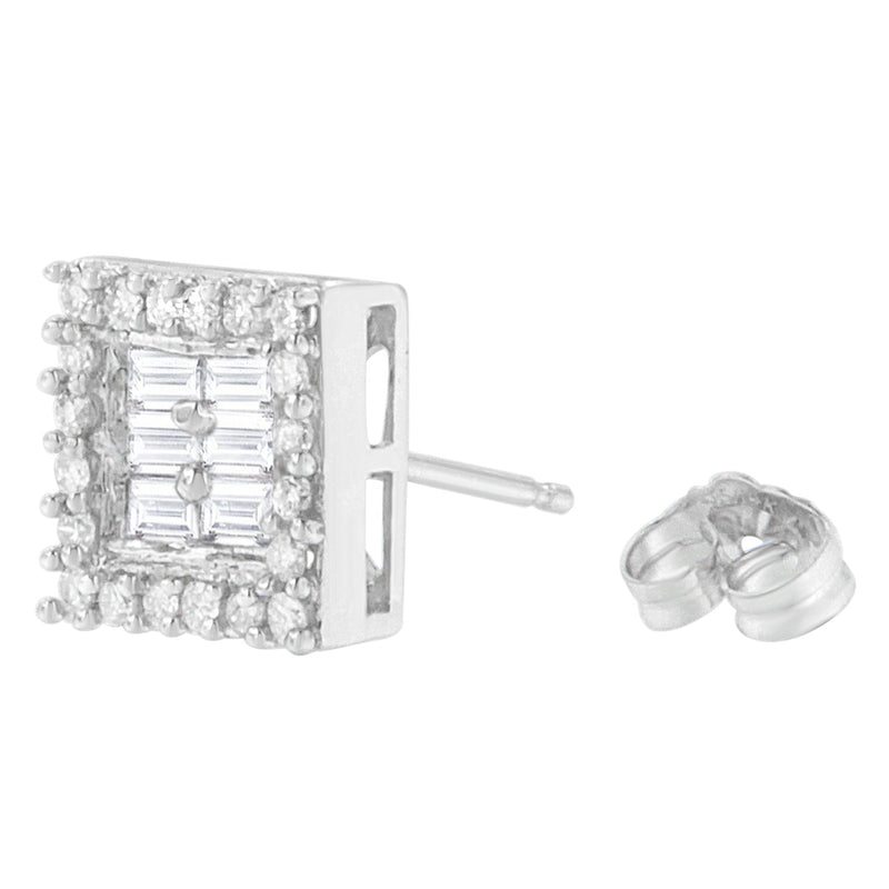 Bids.com 14K White Gold 1 cttw Round and Baguette Diamond Stud Earrings (H-I, SI1-SI2) Earrings White Smoke White.Gold / 0.99