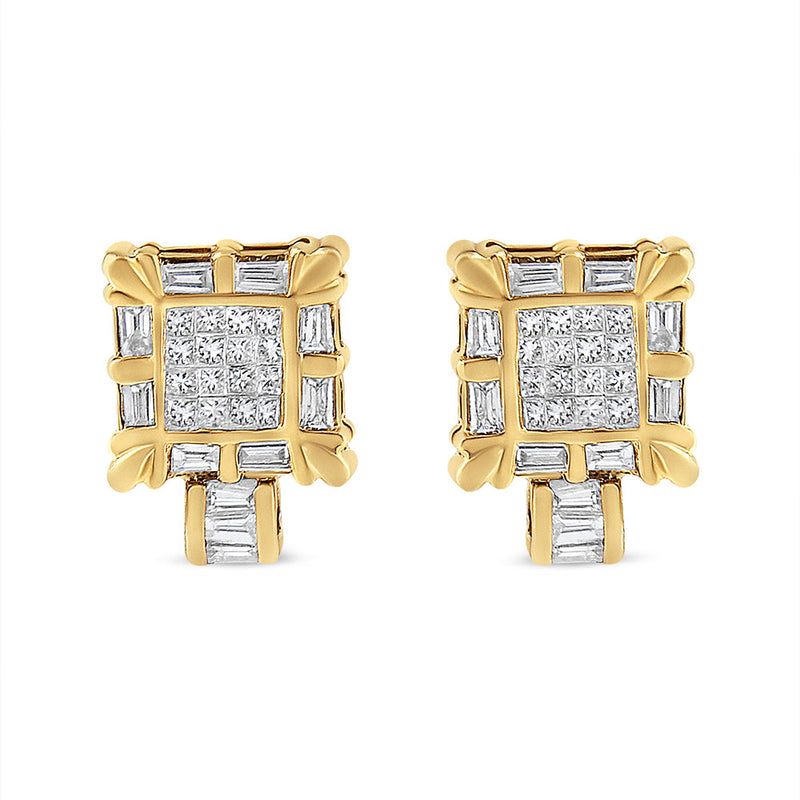 Bids.com 14K Yellow Gold 7/8 Cttw Princess and Baguette-Cut Diamond Square Framed Huggie Hoop Omega Earrings (H-I Color, SI1-SI2 Clarity) Earrings White Smoke Yellow.Gold / 0.93