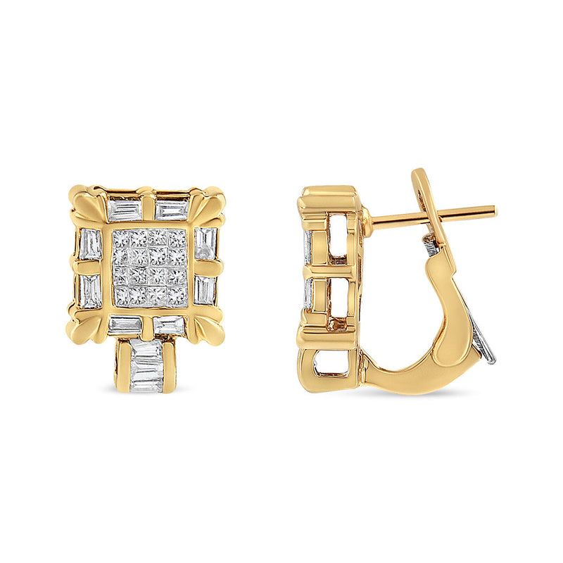 Bids.com 14K Yellow Gold 7/8 Cttw Princess and Baguette-Cut Diamond Square Framed Huggie Hoop Omega Earrings (H-I Color, SI1-SI2 Clarity) Earrings White Smoke Yellow.Gold / 0.93