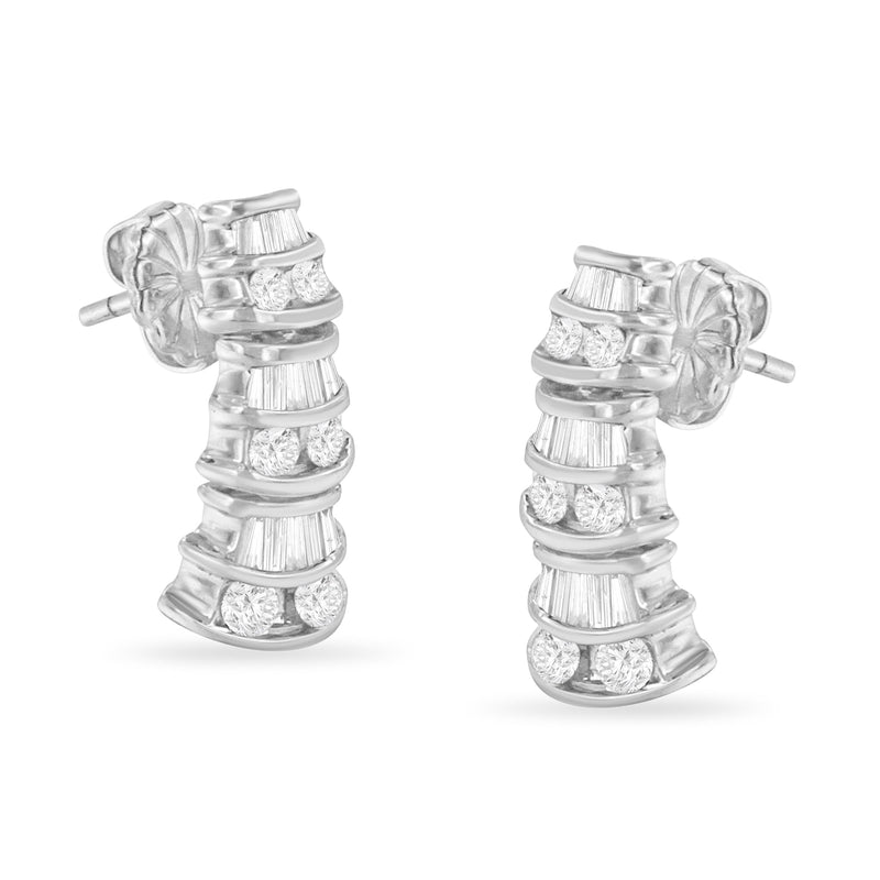 Bids.com 14K White Gold 7/8 cttw Baguette & Round Brilliant-Cut Diamond Dangle Multi Row Earrings (H-I Color, SI2-I1 Clarity) Earrings White Smoke White.Gold / 0.93