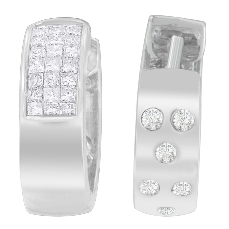 Bids.com 14K White Gold 1 1/8 cttw Princess and Round Cut Diamond Huggie Earrings (H-I, VS1-VS2) Earrings Light Gray White.Gold / 1.13