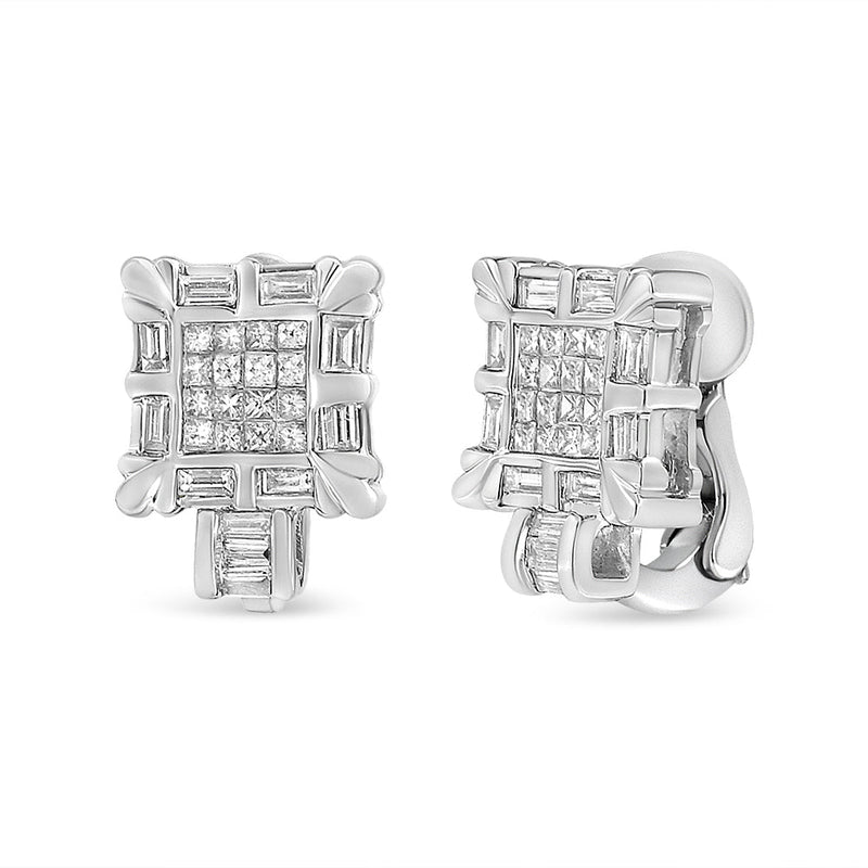 Bids.com 14K White Gold 1.0 Cttw Princess and Baguette-Cut Diamond Square Framed Huggie Hoop Omega Earrings (H-I Color, SI1-SI2 Clarity) Earrings White Smoke White.Gold / 0.94