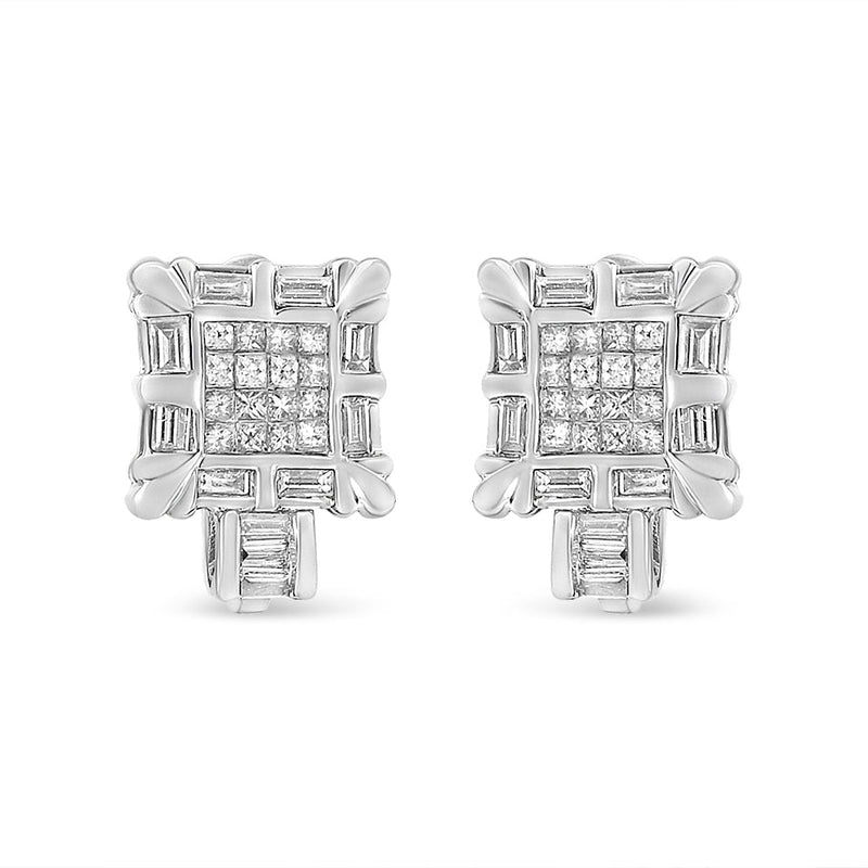 Bids.com 14K White Gold 1.0 Cttw Princess and Baguette-Cut Diamond Square Framed Huggie Hoop Omega Earrings (H-I Color, SI1-SI2 Clarity) Earrings White Smoke White.Gold / 0.94