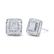 Bids.com 14K White Gold 1.0 Cttw Round Brilliant & Princess Cut Diamond Scallop-Edge Framed Square Halo Stud Earrings (G-H Color, SI1-SI2 Clarity) Earrings White Smoke White.Gold / 1.01