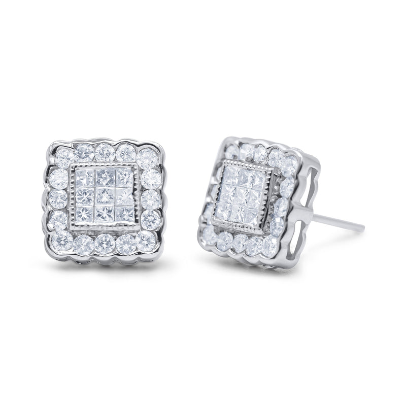 Bids.com 14K White Gold 1.0 Cttw Round Brilliant & Princess Cut Diamond Scallop-Edge Framed Square Halo Stud Earrings (G-H Color, SI1-SI2 Clarity) Earrings White Smoke White.Gold / 1.01