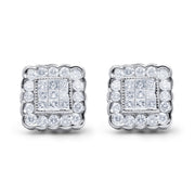 Bids.com 14K White Gold 1.0 Cttw Round Brilliant & Princess Cut Diamond Scallop-Edge Framed Square Halo Stud Earrings (G-H Color, SI1-SI2 Clarity) Earrings White Smoke White.Gold / 1.01