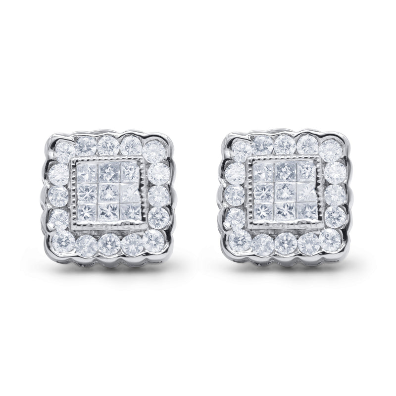 Bids.com 14K White Gold 1.0 Cttw Round Brilliant & Princess Cut Diamond Scallop-Edge Framed Square Halo Stud Earrings (G-H Color, SI1-SI2 Clarity) Earrings White Smoke White.Gold / 1.01