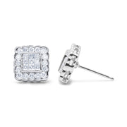 Bids.com 14K White Gold 1.0 Cttw Round Brilliant & Princess Cut Diamond Scallop-Edge Framed Square Halo Stud Earrings (G-H Color, SI1-SI2 Clarity) Earrings White Smoke White.Gold / 1.01