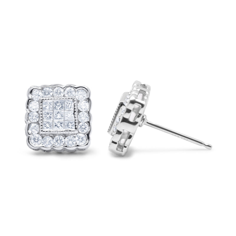 Bids.com 14K White Gold 1.0 Cttw Round Brilliant & Princess Cut Diamond Scallop-Edge Framed Square Halo Stud Earrings (G-H Color, SI1-SI2 Clarity) Earrings White Smoke White.Gold / 1.01