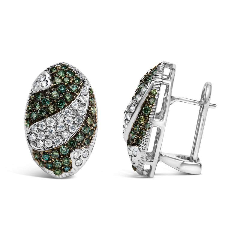 Bids.com 14K White Gold 2.00 Cttw White and Treated Blue Diamond Oval Shield Omega Back Earrings (H-I Color, SI1-SI2 Clarity) Earrings White Smoke White.Gold / 2.15