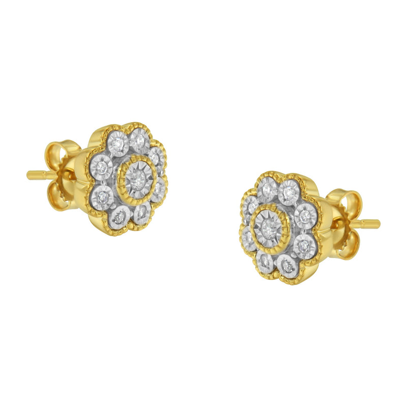 Bids.com 14K Yellow Gold Plated .925 Sterling Silver 1/6 Cttw Miracle-Plate Set Diamond Floral Stud Earrings (I-J Color, I2-I3 Clarity) Earrings White Smoke Yellow.Sterling Silver / 0.15