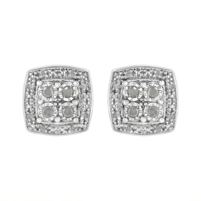 Bids.com .925 Sterling Silver 1/4 cttw Round Cut Diamond Square Shape Milgrain Stud Earrings (I-J Color, I3 Clarity) Earrings Gray White.Sterling Silver / 0.25