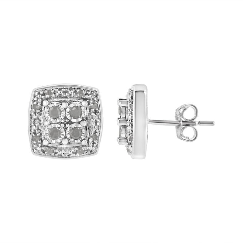 Bids.com .925 Sterling Silver 1/4 cttw Round Cut Diamond Square Shape Milgrain Stud Earrings (I-J Color, I3 Clarity) Earrings White Smoke White.Sterling Silver / 0.25