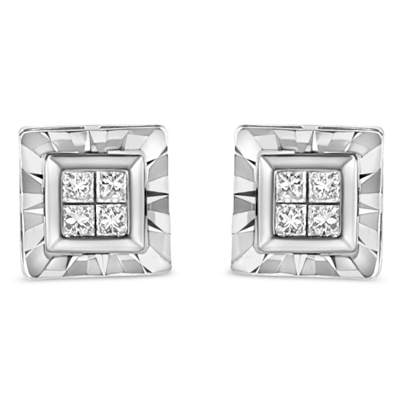 Bids.com .925 Sterling Silver 1/6 Cttw Invisible Set Princess-Cut Diamond Quad Composite Stud Earrings (H-I Color, I1-I2 Clarity) Earrings Light Gray White.Sterling Silver / 0.15