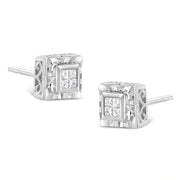 Bids.com .925 Sterling Silver 1/6 Cttw Invisible Set Princess-Cut Diamond Quad Composite Stud Earrings (H-I Color, I1-I2 Clarity) Earrings White Smoke White.Sterling Silver / 0.15