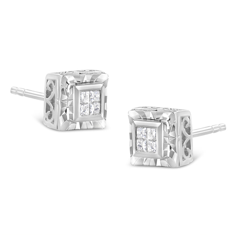 Bids.com .925 Sterling Silver 1/6 Cttw Invisible Set Princess-Cut Diamond Quad Composite Stud Earrings (H-I Color, I1-I2 Clarity) Earrings White Smoke White.Sterling Silver / 0.15