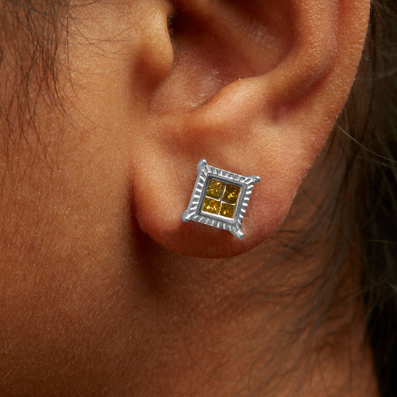Bids.com .925 Sterling Silver 1/2 Cttw Yellow Princess Diamond Quad Stud Earring Earrings Saddle Brown White.Sterling Silver / 0.5